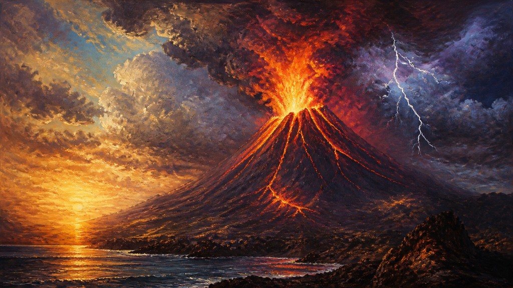 an erupting volcano with lightning strikes, dramatic wide composition, no text — Oil Painting Art Style YouTube thumbnail