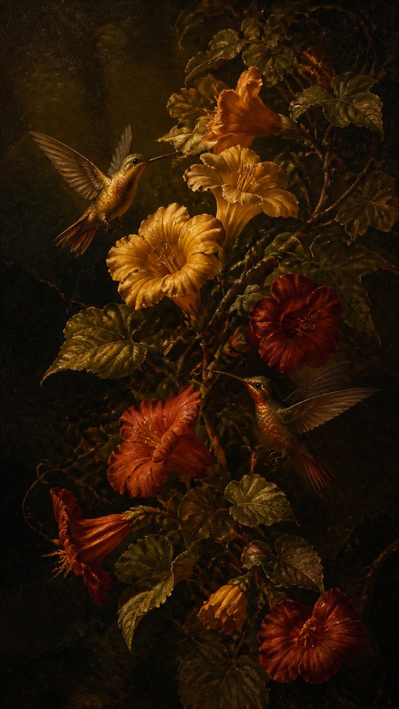a climbing vine of flowers and hummingbirds on a dark background, tall wrapping composition, no text — Renaissance Portrait Art Style phone case design