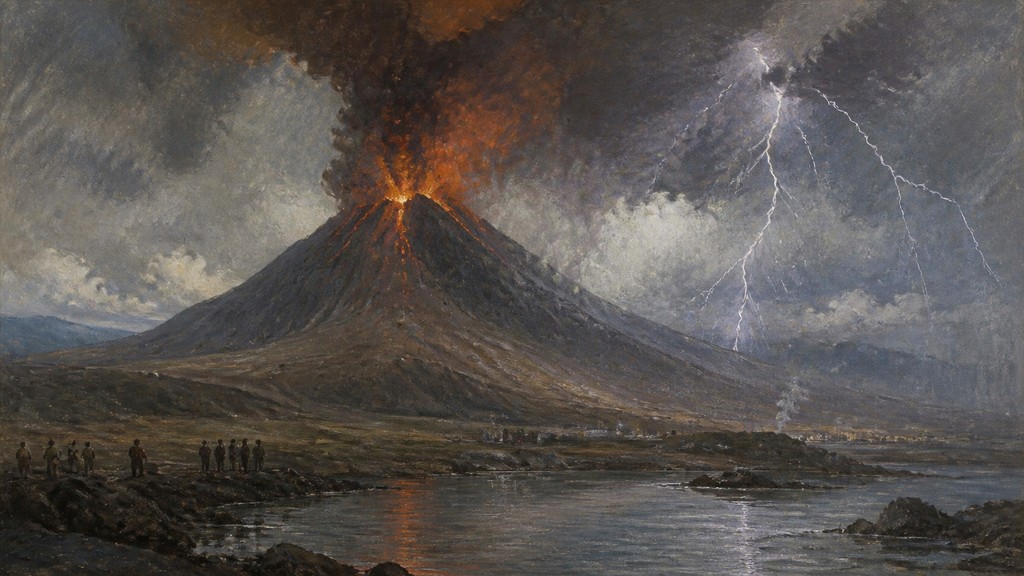an erupting volcano with lightning strikes, dramatic wide composition, no text — Social Realist Figurative Art Style YouTube thumbnail