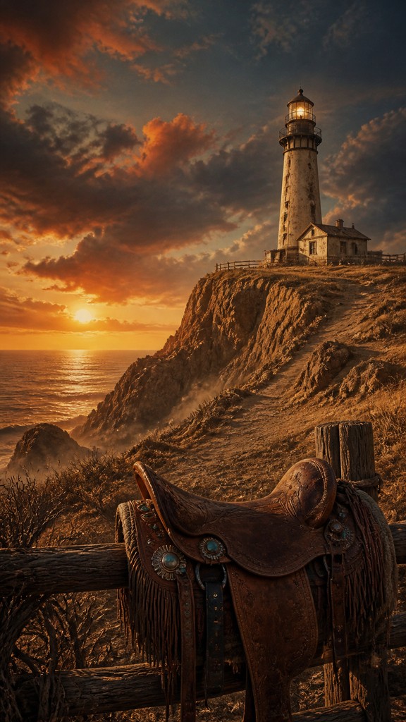 a lone lighthouse on a cliff at dusk under a dramatic sky, no text or lettering — Cowboycore Aesthetic poster