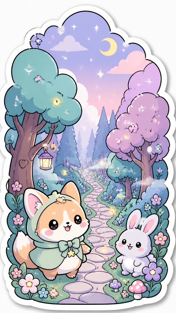 a mysterious forest path with fireflies and drifting mist, atmospheric vertical composition with open space at the top, no text — Kawaii Sticker Design book cover