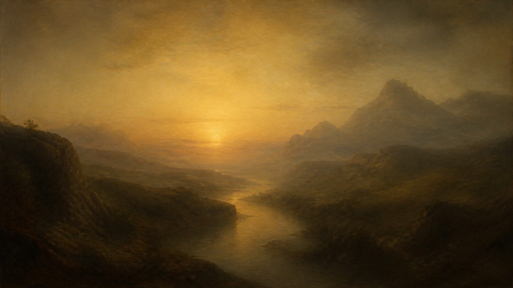 a vast valley with a river winding toward distant mountains at sunrise, no people, no text — Sfumato Portrait Renaissance Art Style desktop wallpaper