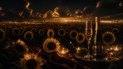 an endless field of sunflowers under summer clouds, no people — Night Luxe Aesthetic wallpaper