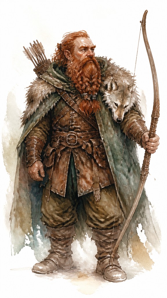 full-body original character: a dwarven ranger with a braided auburn beard, worn leather armor, a longbow and a wolf-pelt cloak, neutral background, no text — Watercolor Portrait Art Style tabletop character portrait