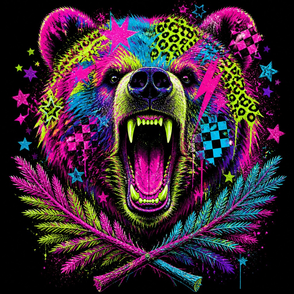 a roaring bear head above crossed pine branches, bold graphic composition on a plain background, no text — Scene Aesthetic t-shirt design