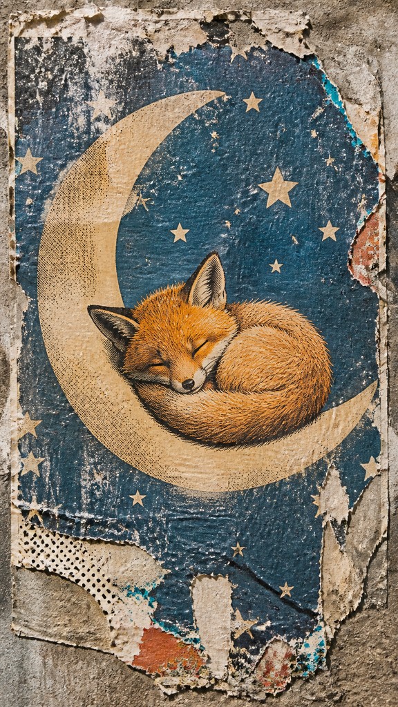 a sleeping baby fox curled on a crescent moon among soft stars, gentle and warm, no text — Wheatpaste Poster Street Art Style baby announcement