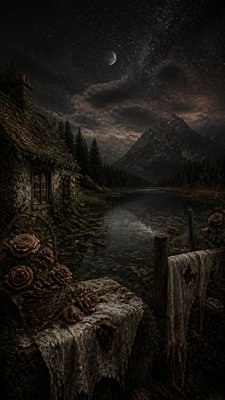 a tranquil mountain lake beneath a starry night sky, no people, no text — Dark Cottagecore Aesthetic wallpaper