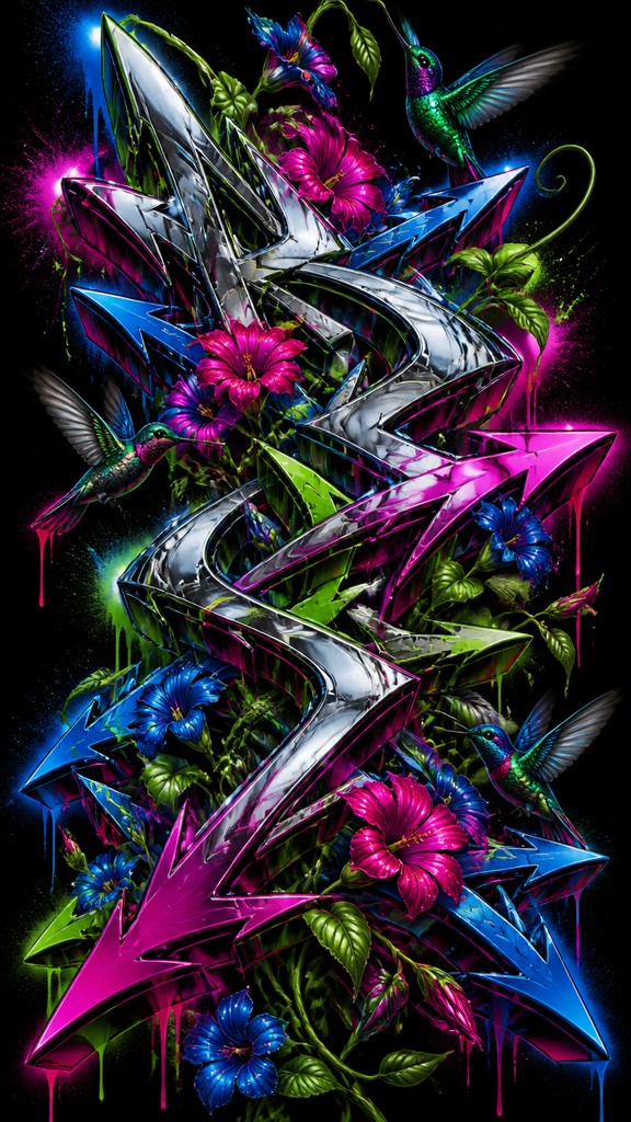 a climbing vine of flowers and hummingbirds on a dark background, tall wrapping composition, no text — Wildstyle Graffiti Street Art Style phone case design