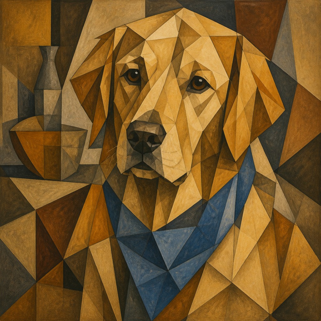 portrait of a golden retriever wearing a blue bandana, warm plain backdrop, no text — Cubist Still Life Art Style pet portrait