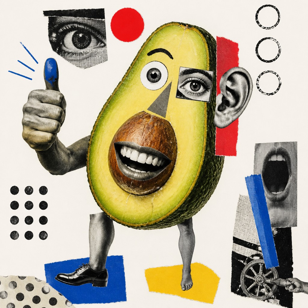 a happy avocado character giving a thumbs up, bold readable design on a plain background, no text — Dada Art Style sticker