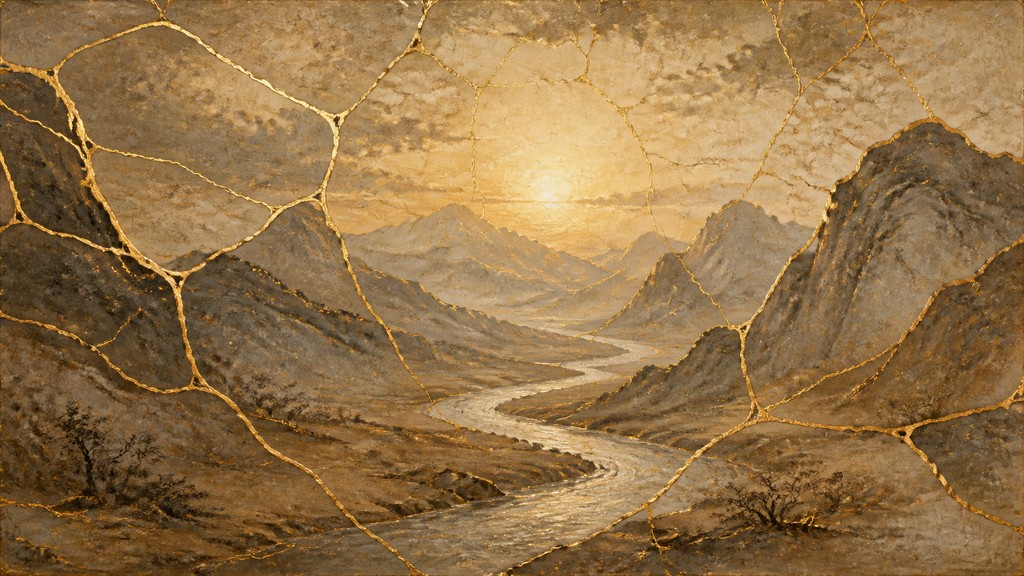 a vast valley with a river winding toward distant mountains at sunrise, no people, no text — Wabi-Sabi Kintsugi Painting desktop wallpaper