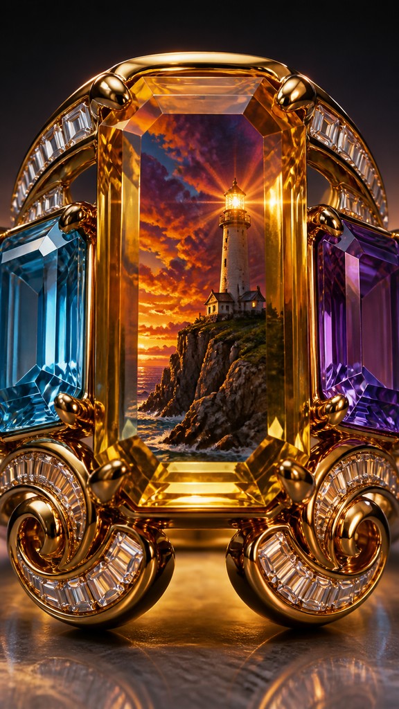 a lone lighthouse on a cliff at dusk under a dramatic sky, no text or lettering — Cocktail Ring Era Jewelry Style poster