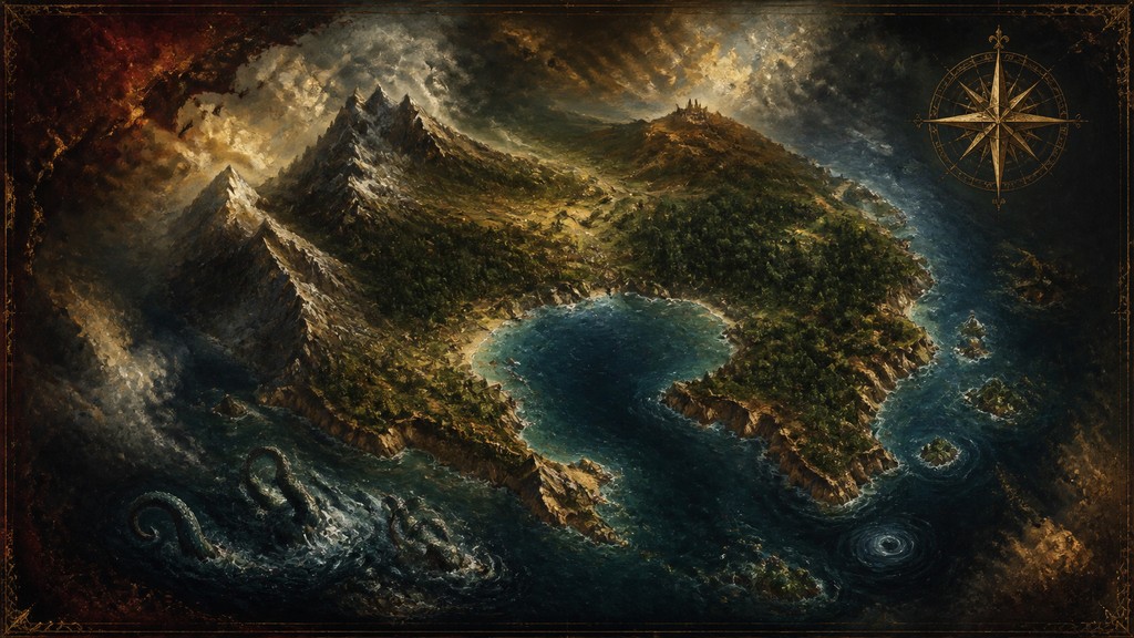a map of an island realm with mountains, forests, a sheltered bay, sea monsters in the water and a compass rose, no text labels — Romantic Classical Art Style fantasy map