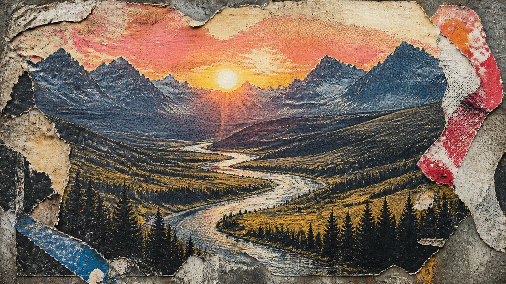 a vast valley with a river winding toward distant mountains at sunrise, no people, no text — Wheatpaste Poster Street Art Style desktop wallpaper