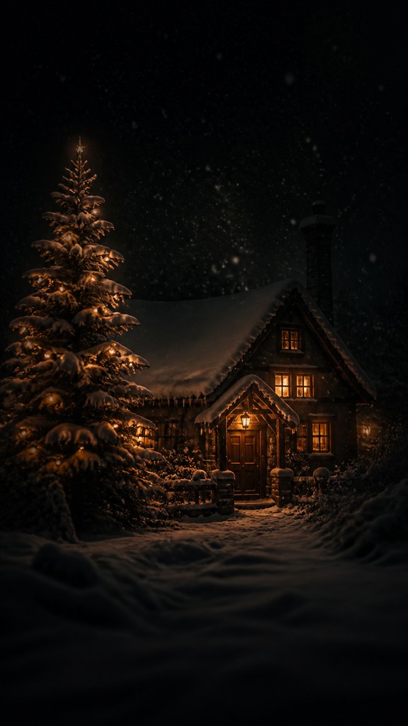 a snow-covered cottage with warm glowing windows beside a decorated pine tree, gentle snowfall, no text — Moody Portrait Photography Style Christmas card