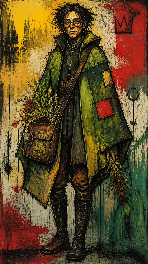 full-body original character: a wandering botanist with a satchel of plants, a patched green cloak, tall boots and round glasses, neutral background — Neo-Expressionism Art Style character design