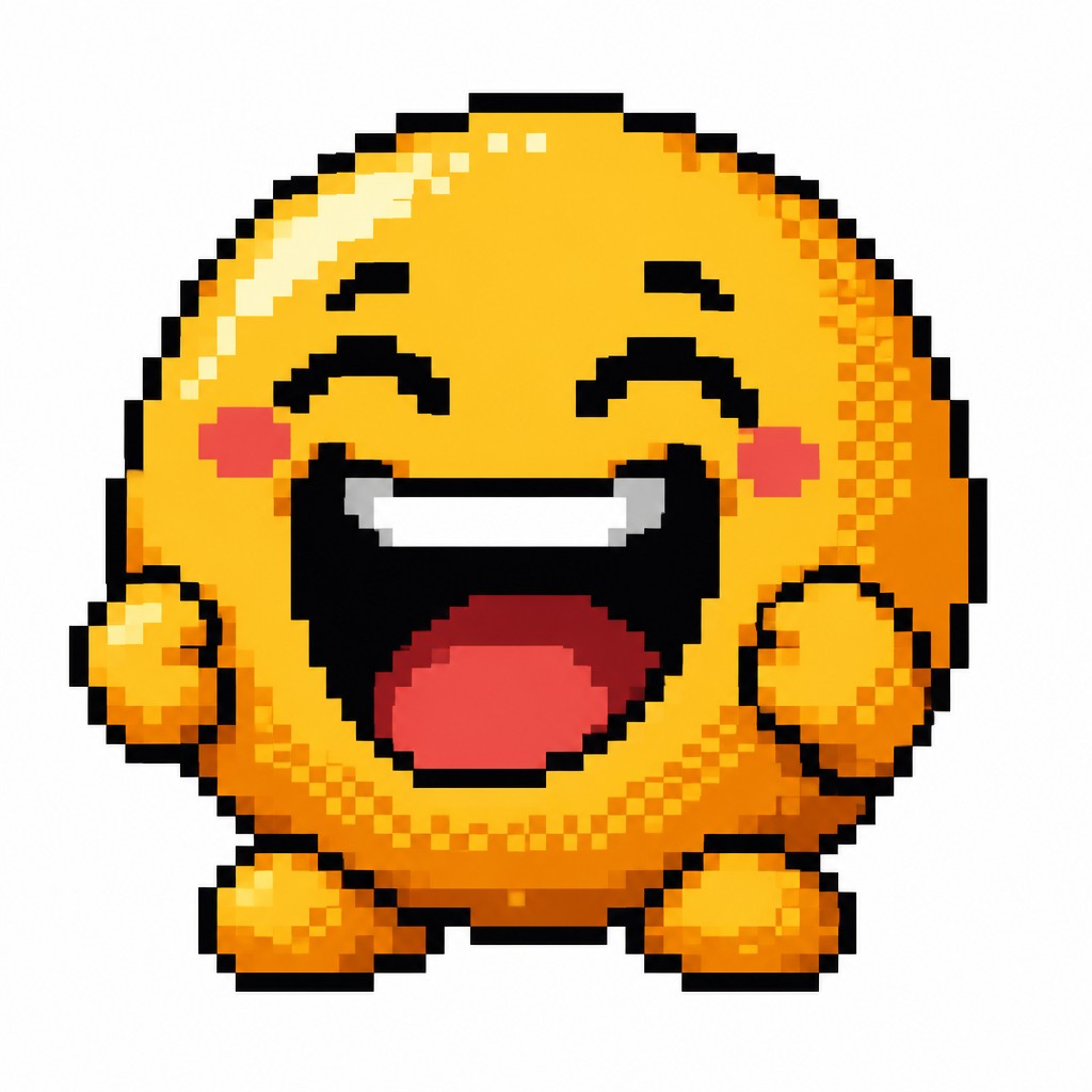 an exaggerated laughing face of an original round mascot character, bold and readable at small size, plain background, no text — Pixel Art Style Twitch emote
