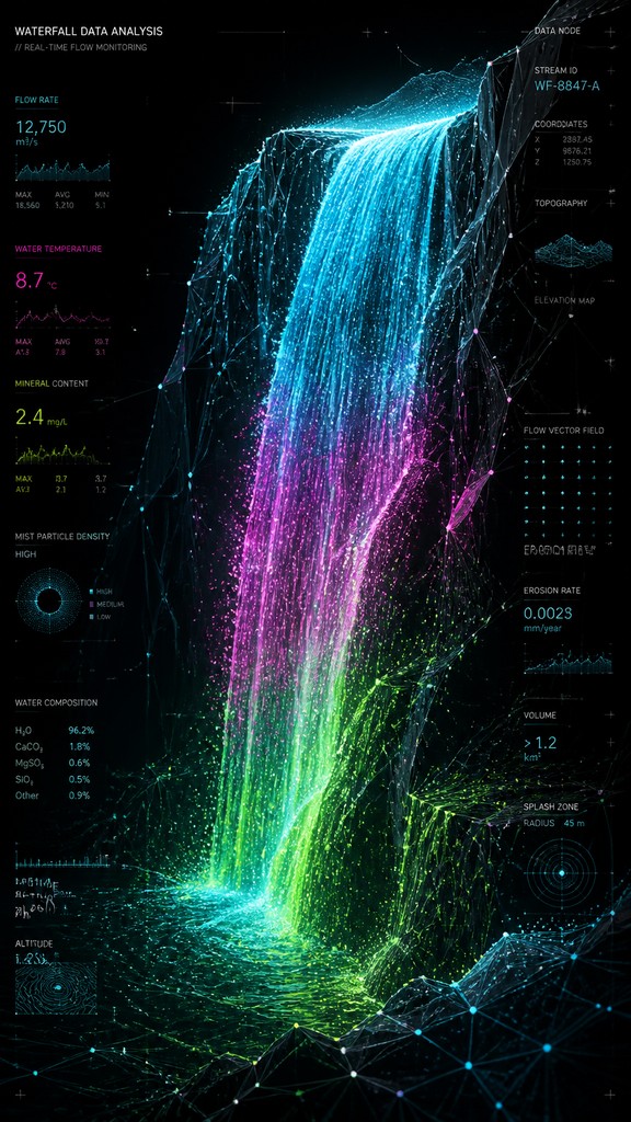 towering waterfall cascading down a cliff — Data Visualization Contemporary Art Style