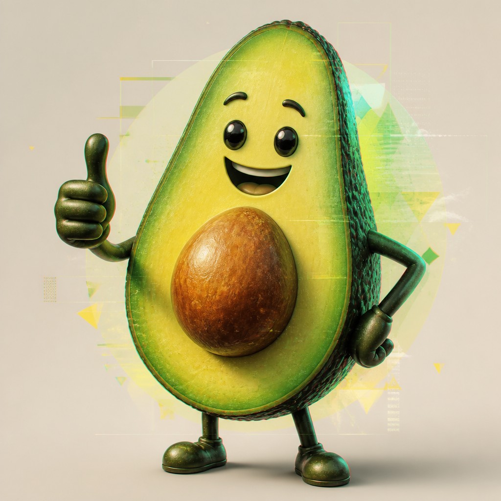 a happy avocado character giving a thumbs up, bold readable design on a plain background, no text — Contemporary Digital Landscape Art Style sticker