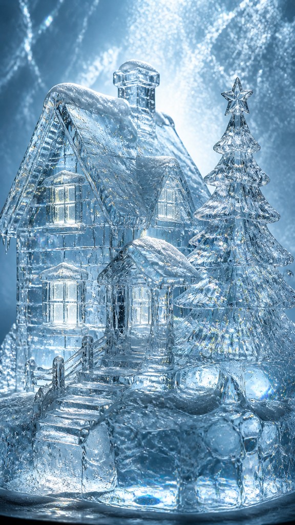 a snow-covered cottage with warm glowing windows beside a decorated pine tree, gentle snowfall, no text — Ice Sculpture Art Style Christmas card