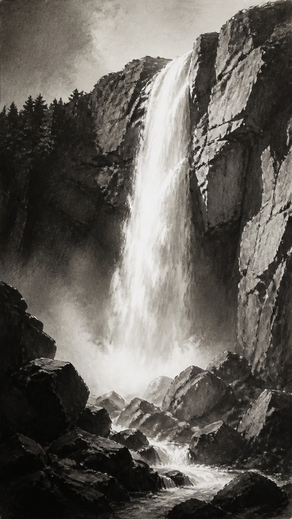 towering waterfall cascading down a cliff — Value Study Art Style
