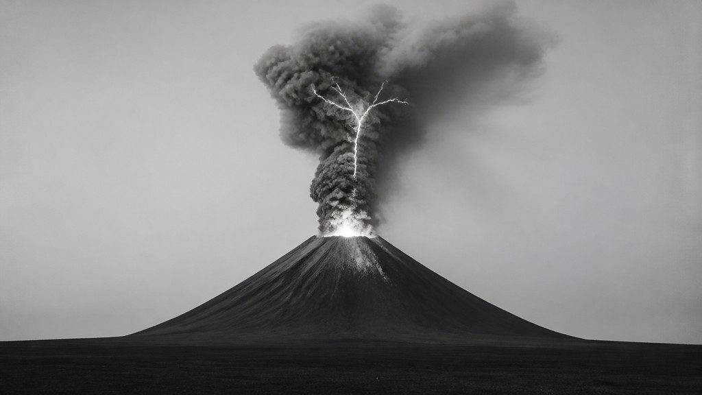 an erupting volcano with lightning strikes, dramatic wide composition, no text — Minimalist Photography Style YouTube thumbnail
