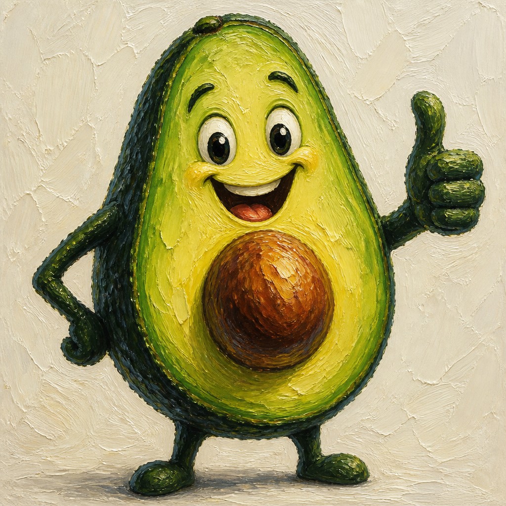 a happy avocado character giving a thumbs up, bold readable design on a plain background, no text — Oil Portrait Art Style sticker