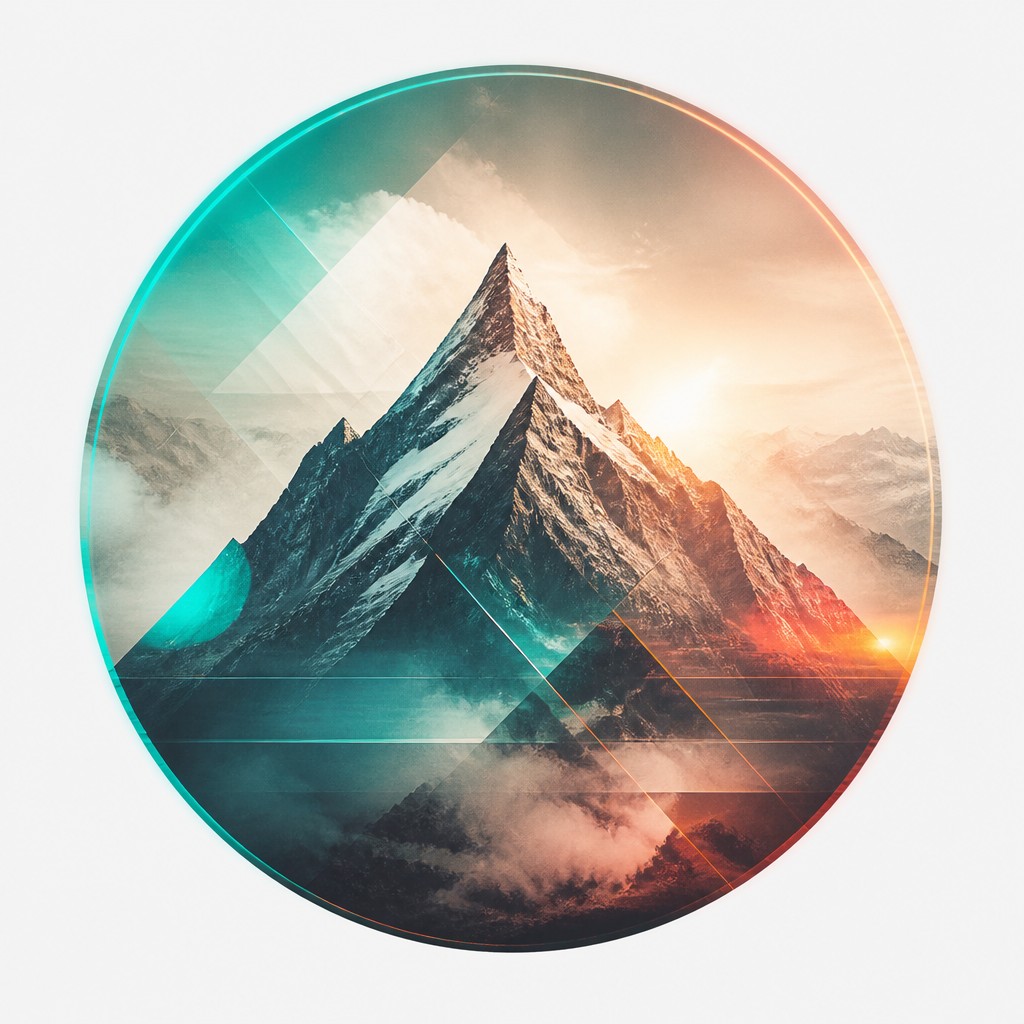 an emblem of a mountain peak inside a circle, simple bold shapes on a plain background, no text or lettering — Contemporary Digital Landscape Art Style logo concept