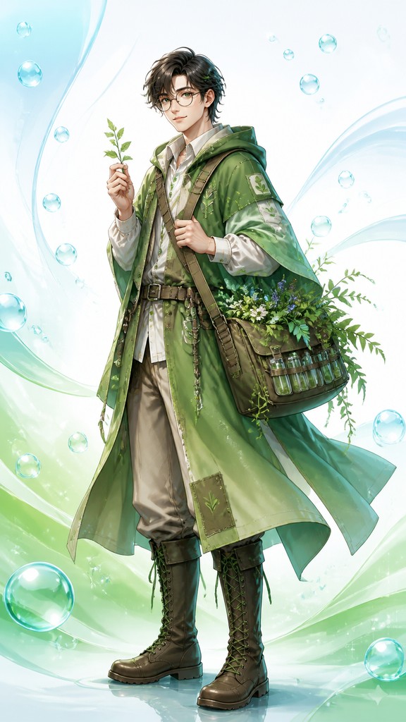 full-body original character: a wandering botanist with a satchel of plants, a patched green cloak, tall boots and round glasses, neutral background — Frutiger Aero Aesthetic character design