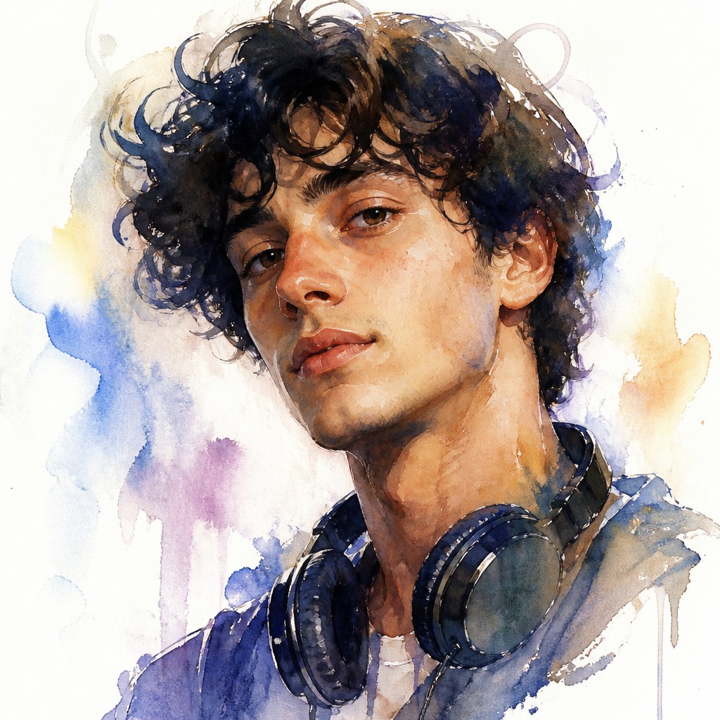 head-and-shoulders portrait of an original character: a young man with curly dark hair and headphones around his neck, plain backdrop, no text — Watercolor Portrait Art Style Discord profile picture