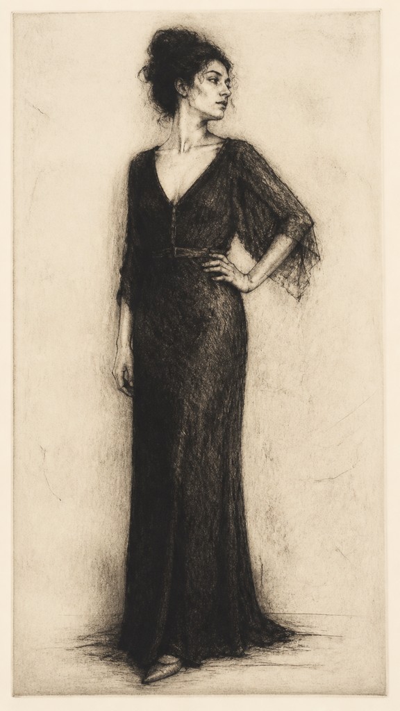 full-length portrait of an elegant figure — Drypoint Print Style