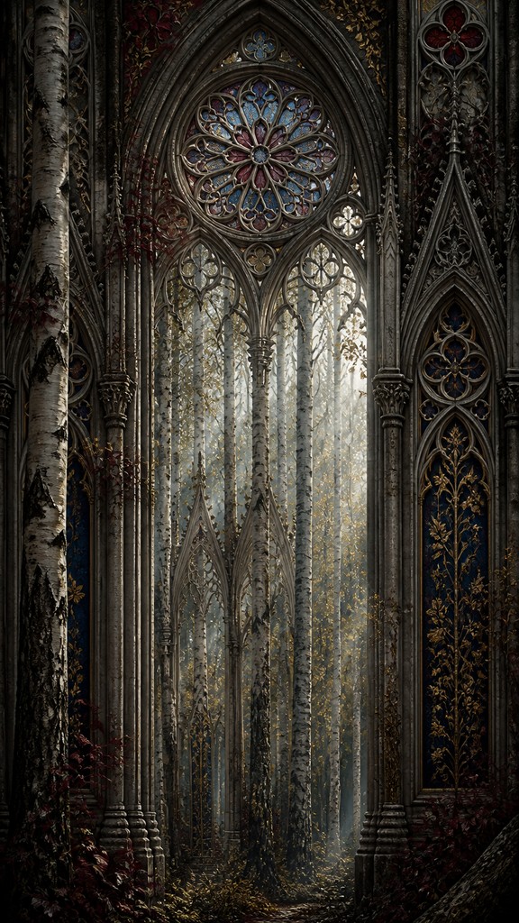 a serene birch forest in soft morning light, no people, no text — Gothic Architecture Art wall art print