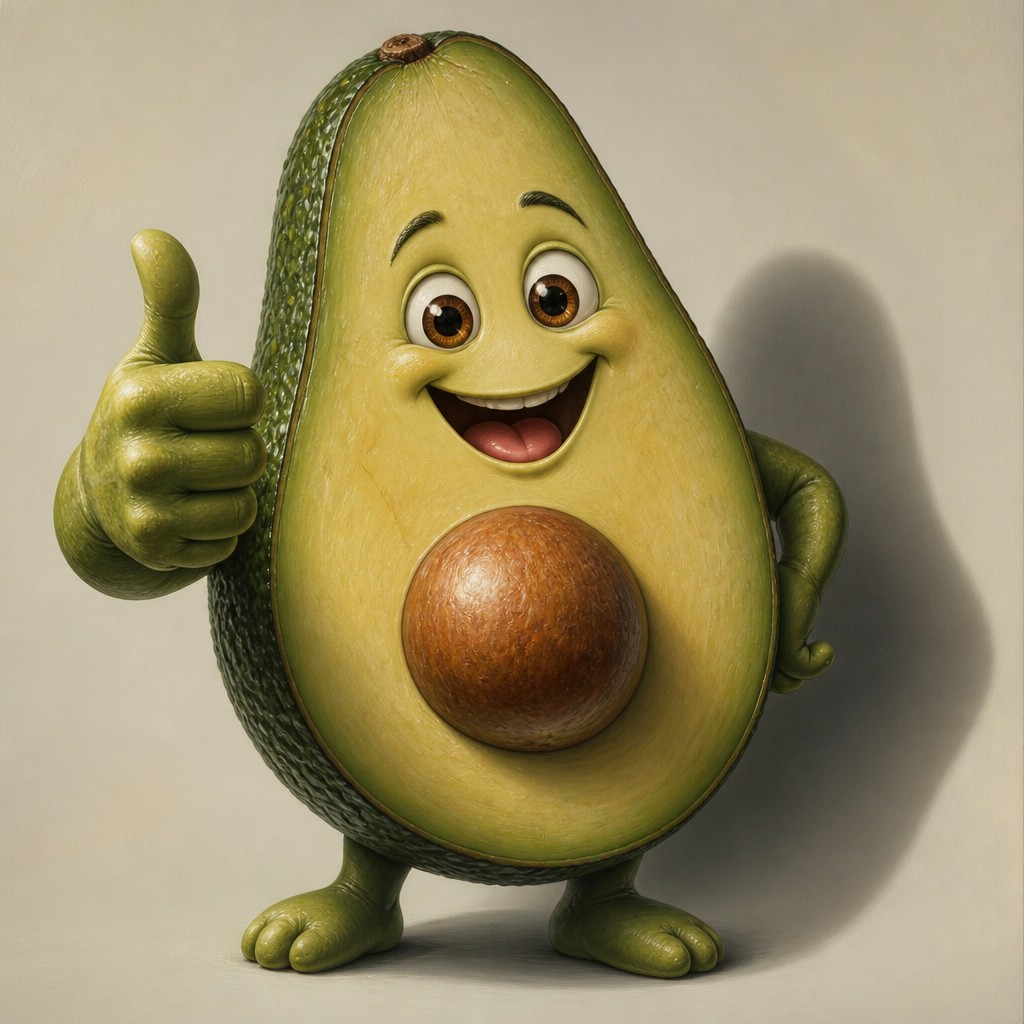 a happy avocado character giving a thumbs up, bold readable design on a plain background, no text — Trompe L'oeil Realism Art Style sticker