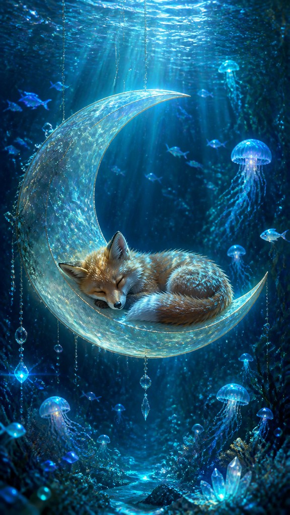 a sleeping baby fox curled on a crescent moon among soft stars, gentle and warm, no text — Underwater Fantasy Art baby announcement