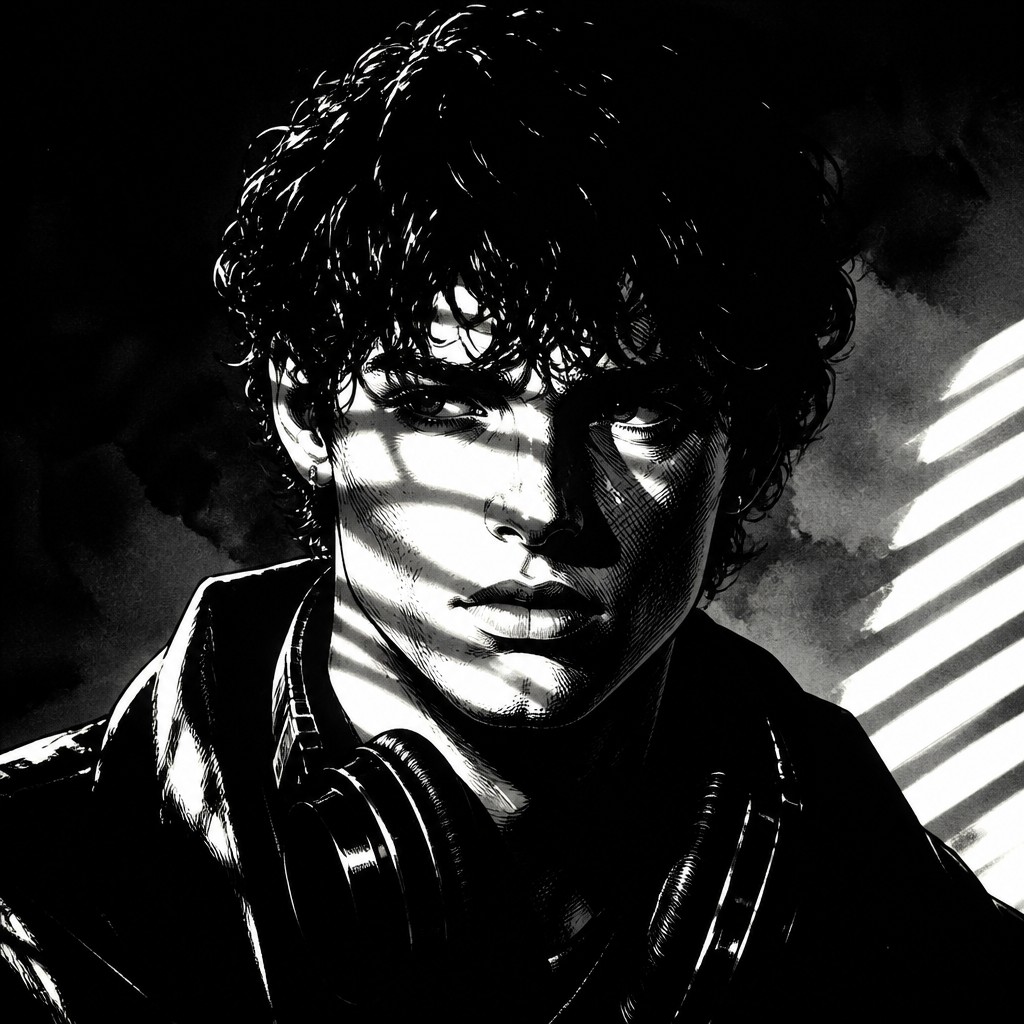 head-and-shoulders portrait of an original character: a young man with curly dark hair and headphones around his neck, plain backdrop, no text — Noir Comic Art Discord profile picture