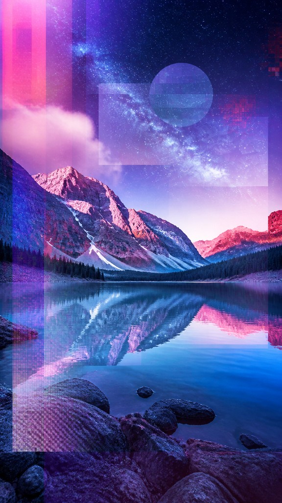 a tranquil mountain lake beneath a starry night sky, no people, no text — Post-Internet Contemporary Art Style phone wallpaper