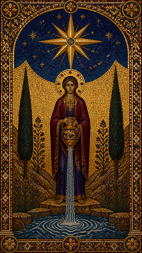 a robed figure pouring water beneath a large eight-pointed star in a night sky, symmetrical composition with an ornate decorative border, no text — Byzantine Classical Art Style tarot card