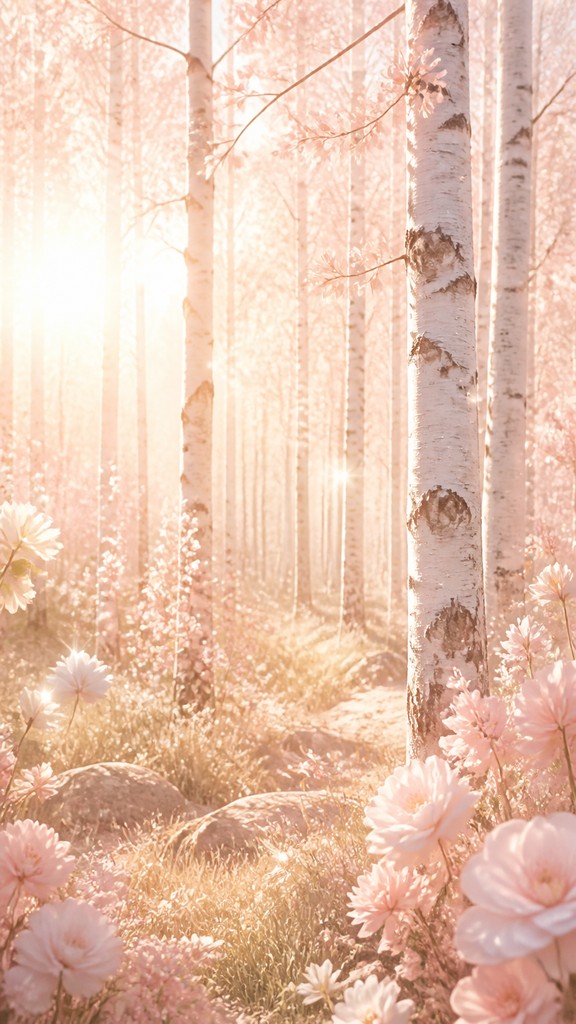 a serene birch forest in soft morning light, no people, no text — Light Feminine Aesthetic wall art print