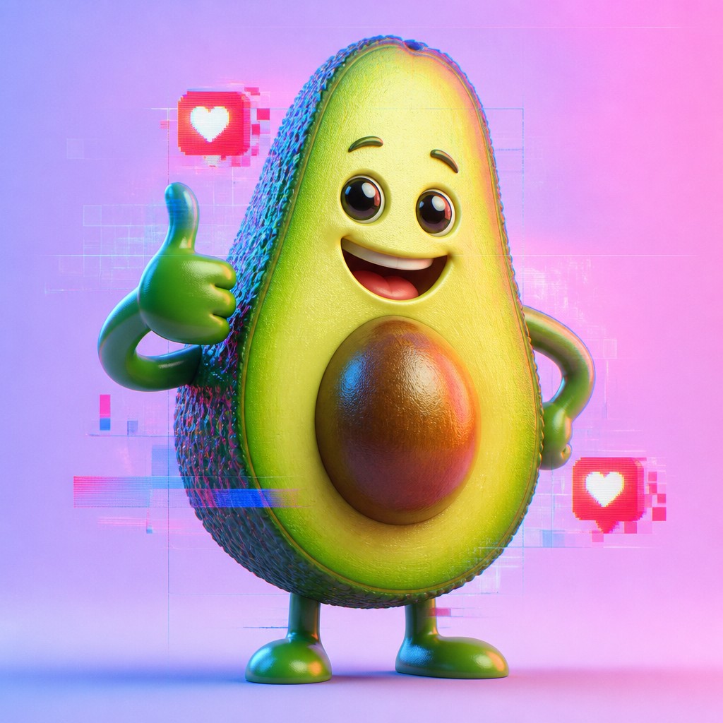 a happy avocado character giving a thumbs up, bold readable design on a plain background, no text — Post-Internet Contemporary Art Style sticker