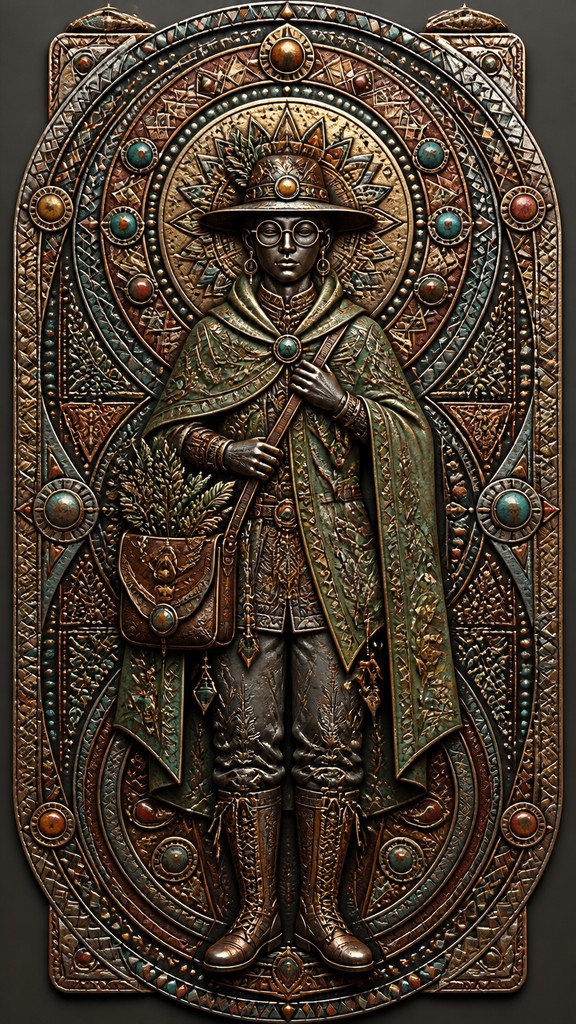 full-body original character: a wandering botanist with a satchel of plants, a patched green cloak, tall boots and round glasses, neutral background — Ethnic Tribal Jewelry Design character design