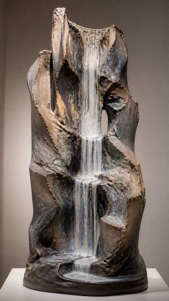 towering waterfall cascading down a cliff — Contemporary Sculptural Ceramic Art Style