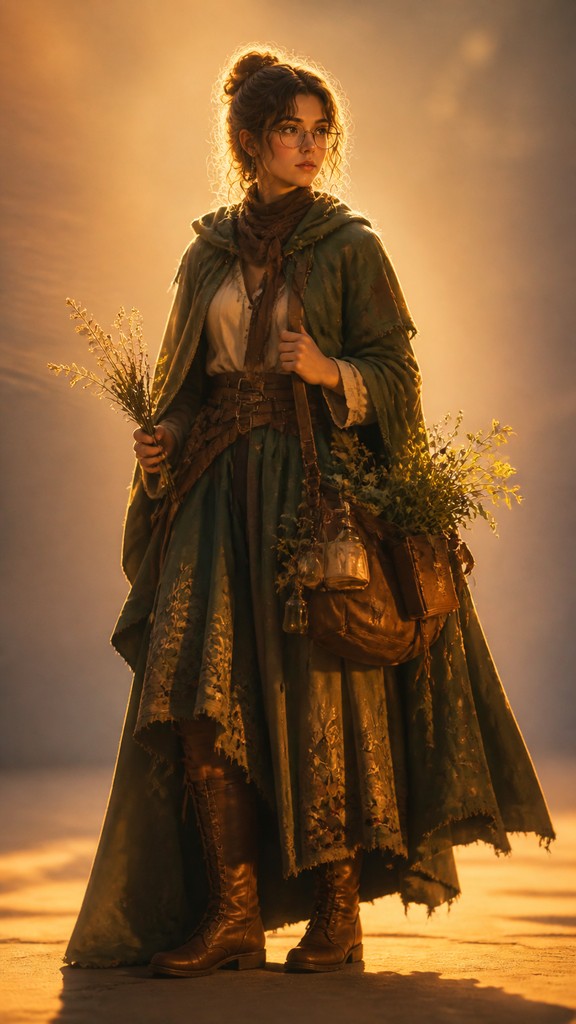 full-body original character: a wandering botanist with a satchel of plants, a patched green cloak, tall boots and round glasses, neutral background — Golden Hour Landscape Photography Style character design