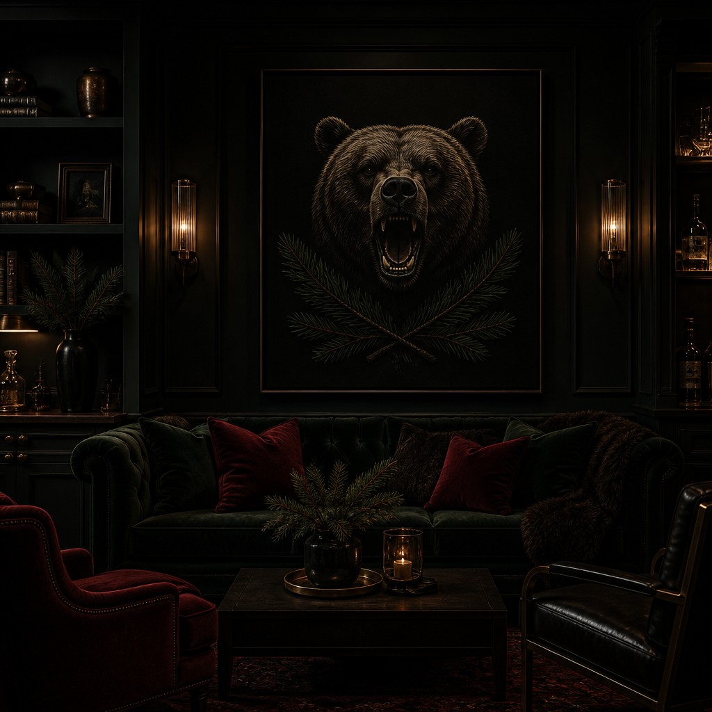 a roaring bear head above crossed pine branches, bold graphic composition on a plain background, no text — Dark Moody Interior Design t-shirt design