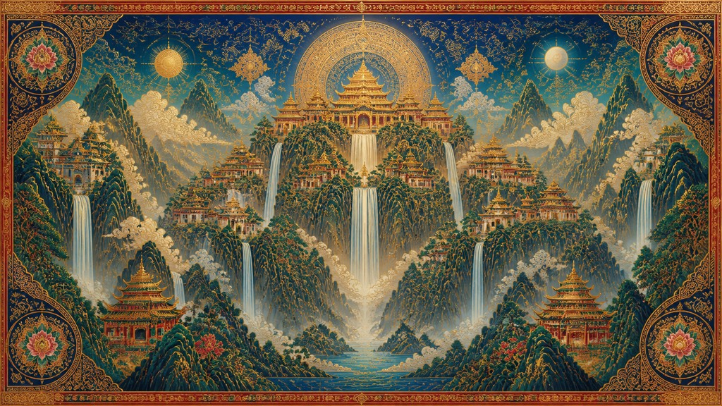 a cliffside city with waterfalls cascading into a misty canyon, wide establishing shot, no people, no text — Buddhist Religious Art concept art
