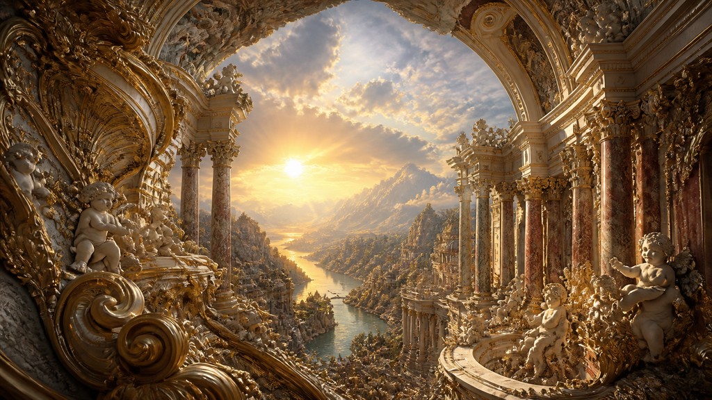 a vast valley with a river winding toward distant mountains at sunrise, no people, no text — Baroque Architecture desktop wallpaper