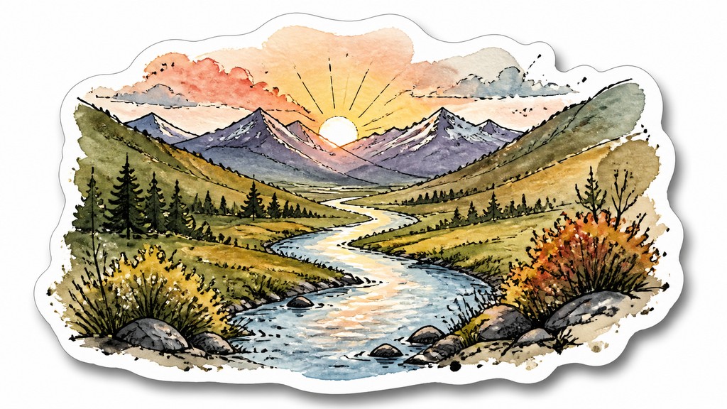 a vast valley with a river winding toward distant mountains at sunrise, no people, no text — Hand-Drawn Sticker Design desktop wallpaper