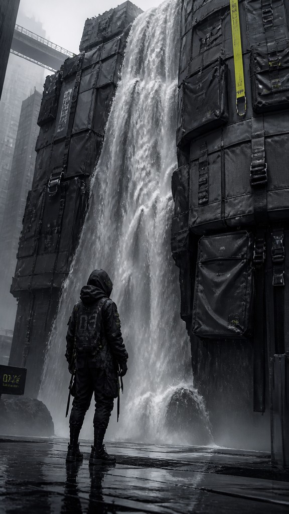 towering waterfall cascading down a cliff — Techwear Fashion
