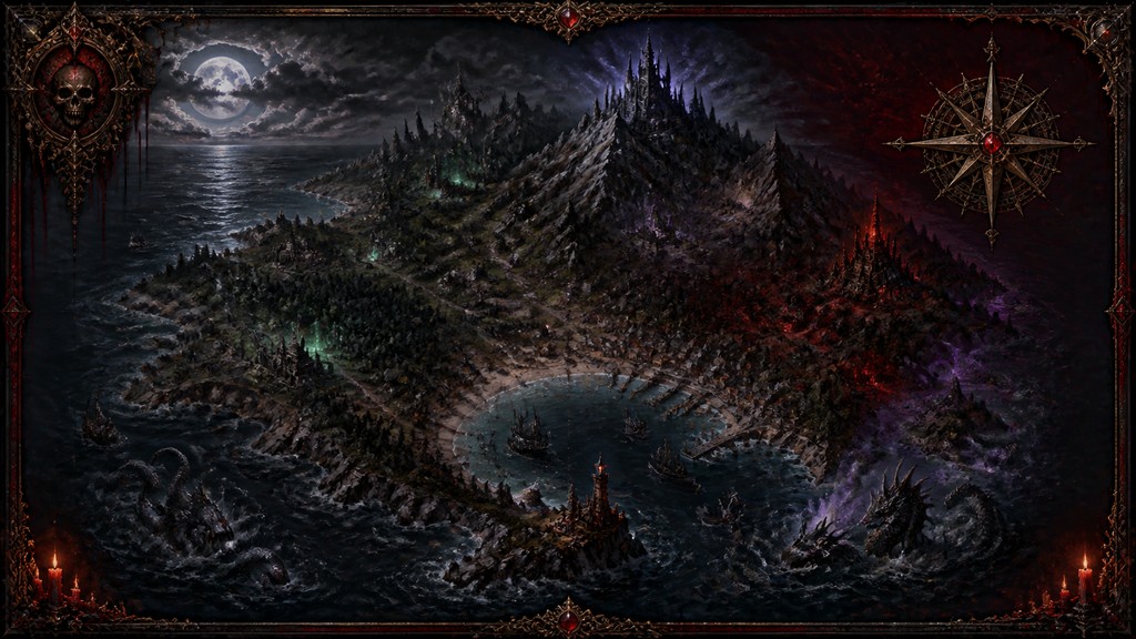 a map of an island realm with mountains, forests, a sheltered bay, sea monsters in the water and a compass rose, no text labels — Gothic Fantasy Art fantasy map