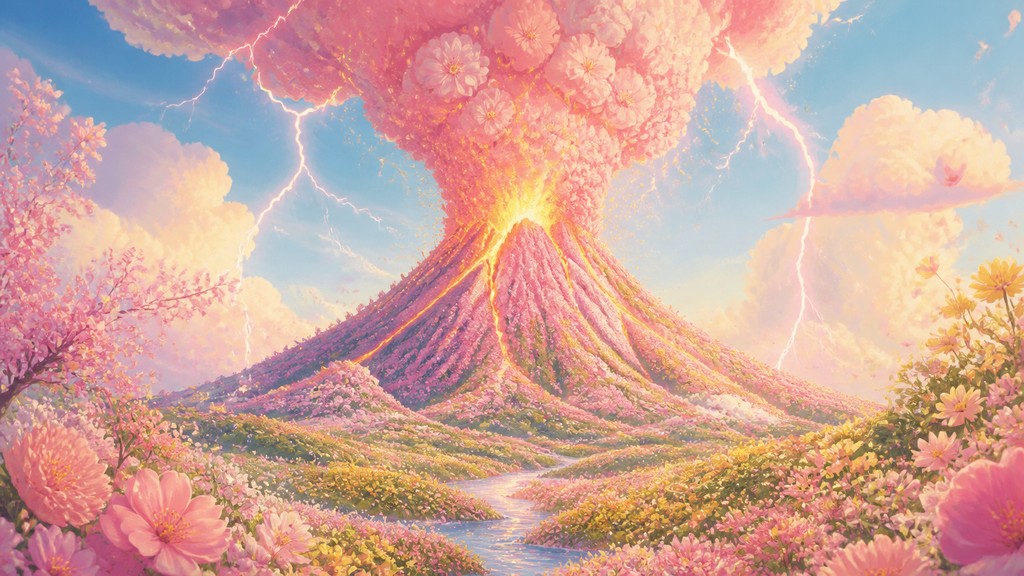 an erupting volcano with lightning strikes, dramatic wide composition, no text — Bloomcore Aesthetic YouTube thumbnail