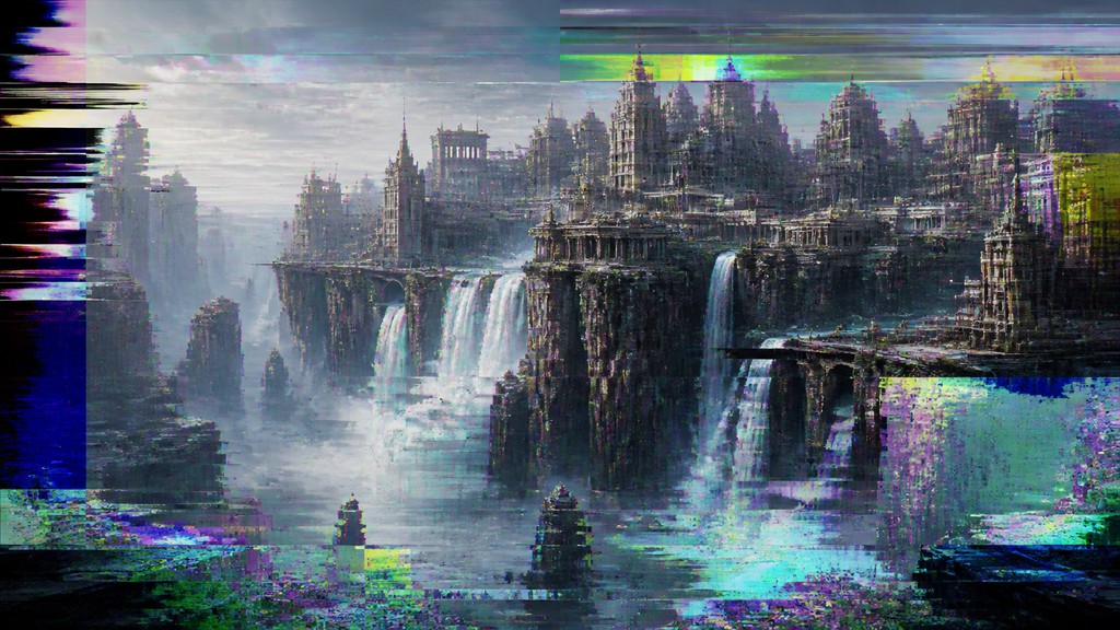 a cliffside city with waterfalls cascading into a misty canyon, wide establishing shot, no people, no text — Glitch Art Style concept art